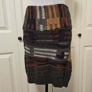 Patchwork Knit Mini Skirt Hippie Earth Tones Heart Accent Front Pocket Sz M-L
